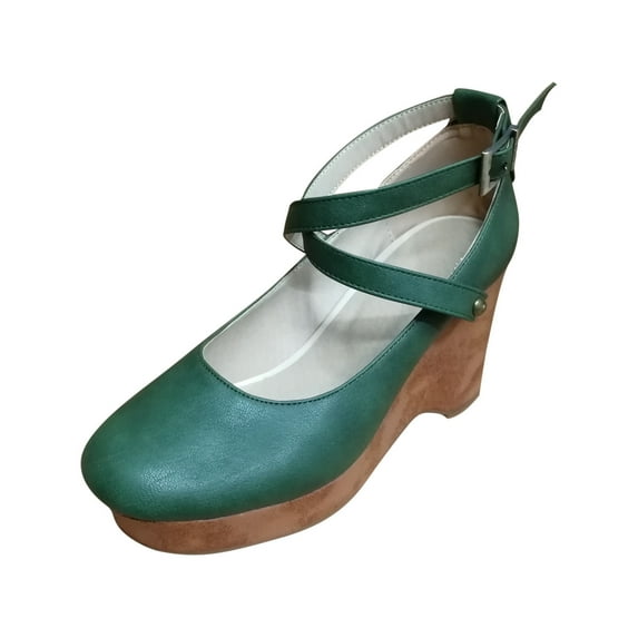 Anuirheih Women's Cute Casual Buckle High Heeled Thick Heeled Shallow Shoes Sandals Women (Green)
