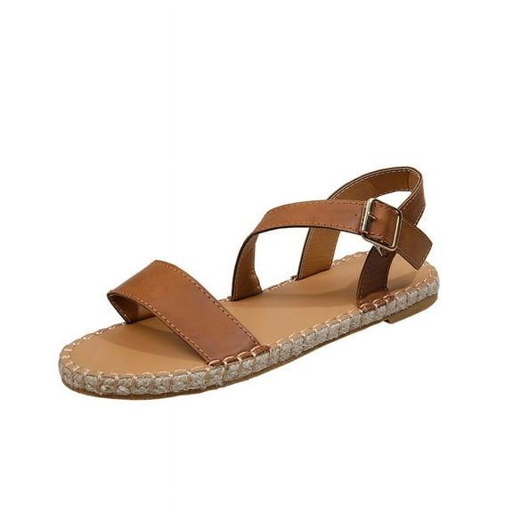 Anuirheih Women's Fashion Casual Flat Crystal Beach Comfortable Buckle Strap Sandals Shoes Sandals Women (Brown)