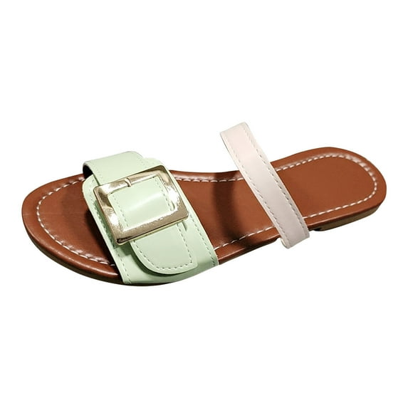 Anuirheih Women's Flat Sandals Fashion One-word Buckle Roman Shoes Women's Beach Slippers Sandals Women (Mint Green)