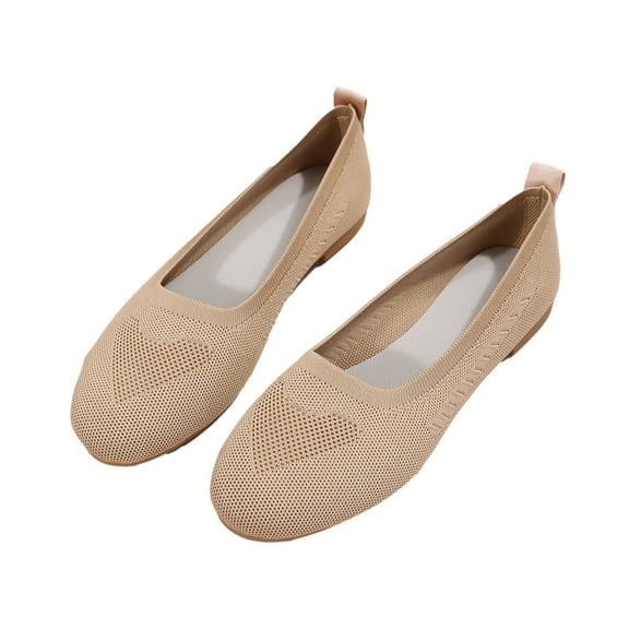 Anuirheih Women’s Flat Shoes Knit Dress Shoes Round Toe Slip On Walking Flats Shoes for Woman Low Wedge Comfort Soft(Beige)