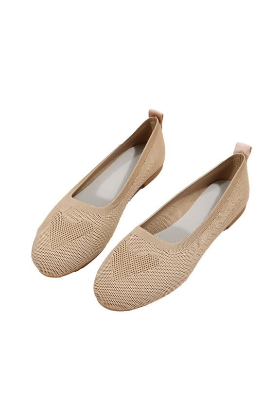 Anuirheih Women’s Flat Shoes Knit Dress Shoes Round Toe Slip On Walking Flats Shoes for Woman Low Wedge Comfort Soft(Beige)
