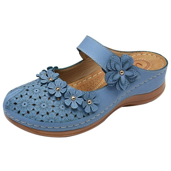 Anuirheih Women's Floral Platforms Wedge Slippers for Women, Slip On Flowers Leather Round Toe Dress Shoes Backless(Blue)