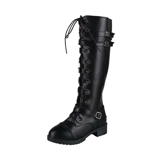 Anuirheih Women's Knee High Lace Up Buckle Knight Boots Thick Heel ...