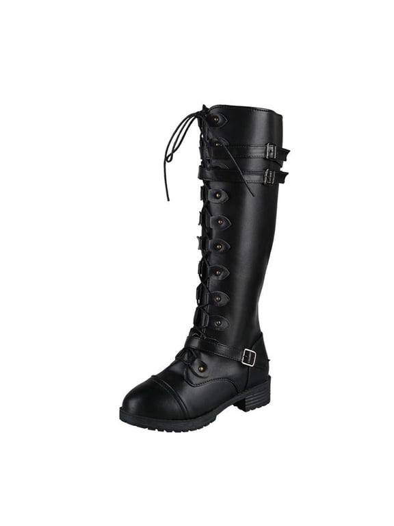 Anuirheih Women's Knee High Lace Up Buckle Knight Boots Thick Heel Biker Boots( Black)