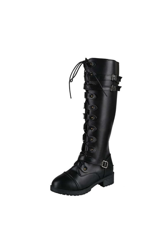 Anuirheih Women's Knee High Lace Up Buckle Knight Boots Thick Heel Biker Boots( Black)