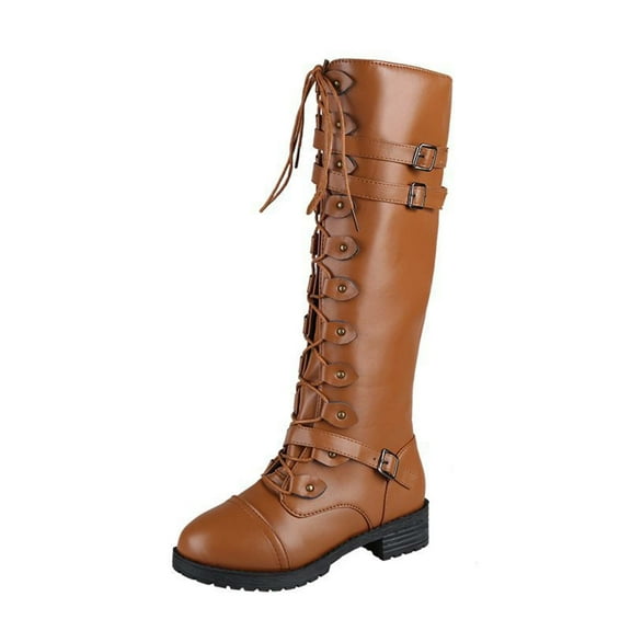Anuirheih Women's Knee High Lace Up Buckle Knight Boots Thick Heel Biker Boots( Brown)