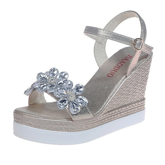 Anuirheih Women's Open Toe Casual Shoes Rhinestone Comfortable Wedge Sandals Shoes Sandals Women (Gold)