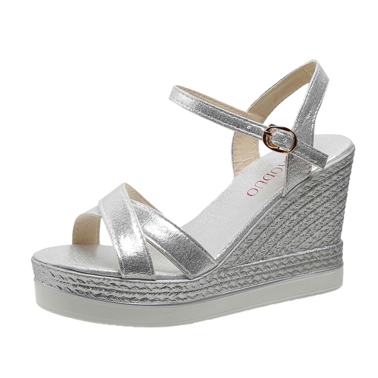 Lucky Brand Women's Jenley Leather Open Toe Casual Platform Sandals Silver Size 8 M