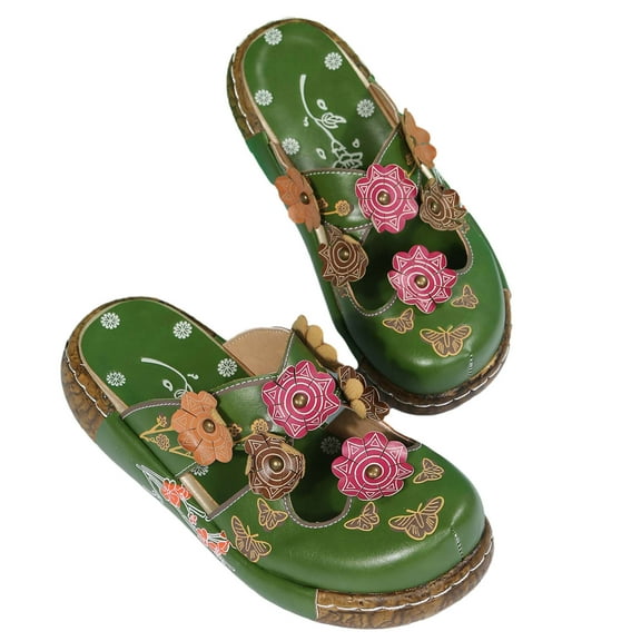 Anuirheih Women's Retro Dimensional Flower Material Stitching Sandals Vintage Wedge Shoes Sandals Women (Green)