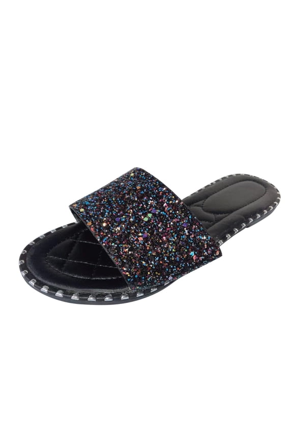 Anuirheih Women's Rhinestone Sandals Slide Glitter Bling Casual Sandal Flat Open Toe Flat Slides(Black)