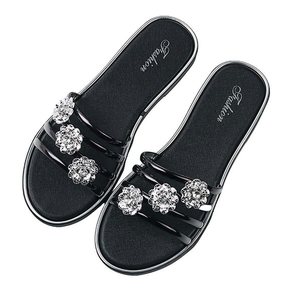 Anuirheih Women's Rhinestone Slippers Sandals Slide Casual Sandal Flat Open Toe Slides Women(Black)
