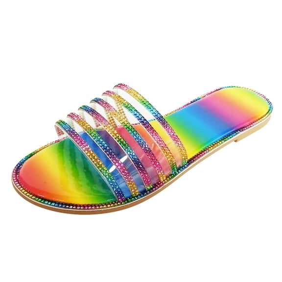 Anuirheih Women's Rhinestone Slippers Sandals Slide Colorful Glitter Bling Casual Sandal Flat Open Toe Slides Women(Multicolor)