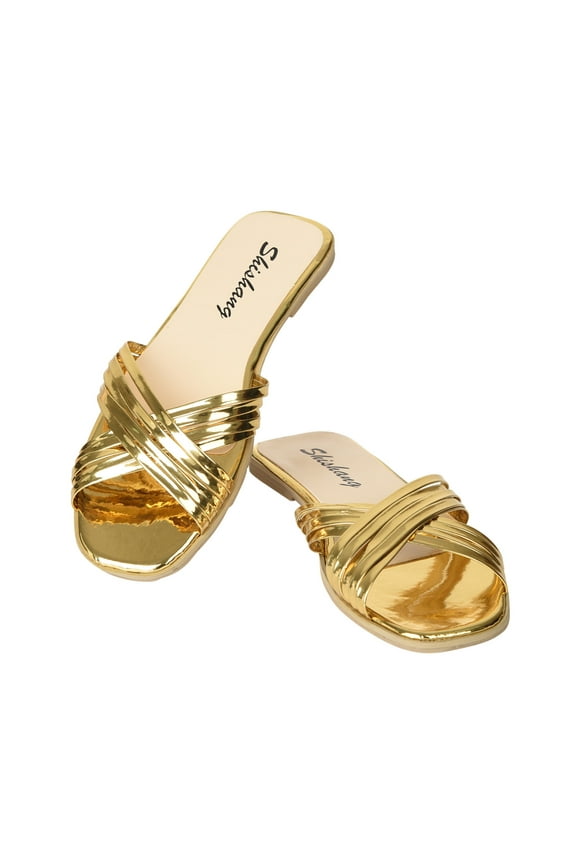 Anuirheih Women's Rhinestone Slippers Sandals Slide Glitter Bling Casual Sandal Flat Open Toe Slides Women(Gold)