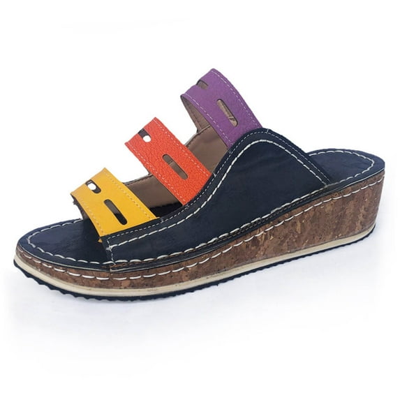 Anuirheih Women's Sandals Wedge Mixed Color Summer Hollow Out Slip On Flats Wedge Sandals for Women(Blue)