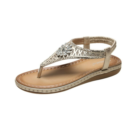 Anuirheih Women's Shoes Low-heeled Slippers Casual Comfortable Sandals Beach Flowers Bohemian Flip Flops (Gold）