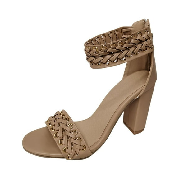 Anuirheih Women's Shoes Pointed Toe High Block-heel Exquisite Casual White Back Zipper Retro Sandals Sandals Women (Beige)