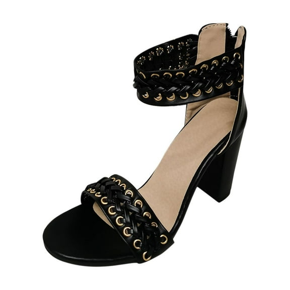 Anuirheih Women's Shoes Pointed Toe High Block-heel Exquisite Casual White Back Zipper Retro Sandals Sandals Women (Black)