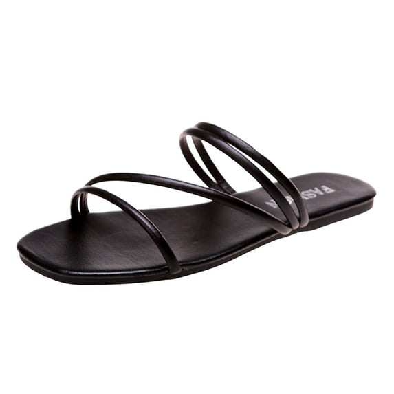 Anuirheih Women's Strappy Slide Sandals Rhinestone Open Toe Flat Sandals Slip On Casual Summer Beach Sandals(Black)