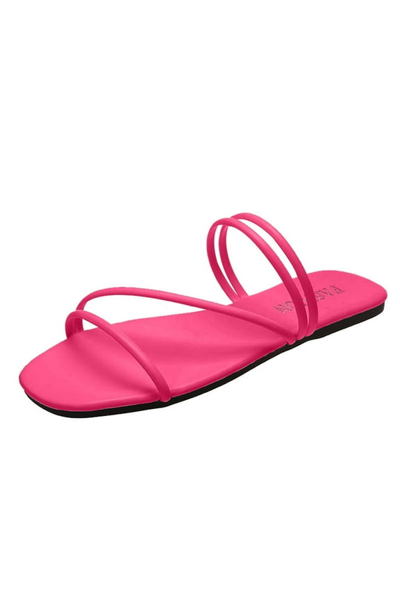 Anuirheih Women's Strappy Slide Sandals Rhinestone Open Toe Flat Sandals Slip On Casual Summer Beach Sandals(Hot Pink)