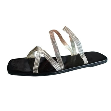 Anuirheih Women's Strappy Slide Sandals Rhinestone Open Toe Flat Sandals Slip On Casual Summer Beach Sandals(Silver）