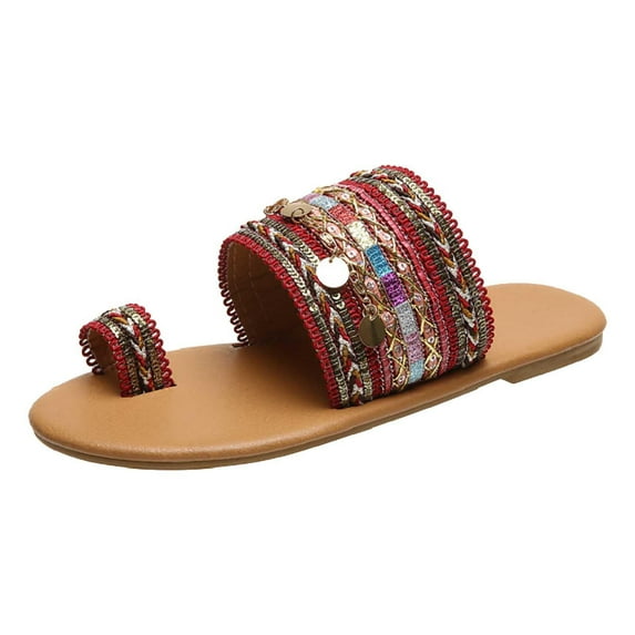 Anuirheih Women's Strappy Slide Sandals Rhinestone Open Toe Flat Sandals Slip On Toe Ring Slide Casual Summer Beach Sandals(Ethnic Style,Red)