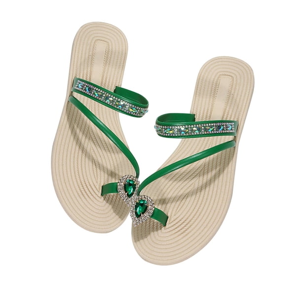 Anuirheih Women's Strappy Slide Sandals Rhinestone Open Toe Flat Sandals Slip On Toe Ring Slide Casual Summer Beach Sandals(Green)