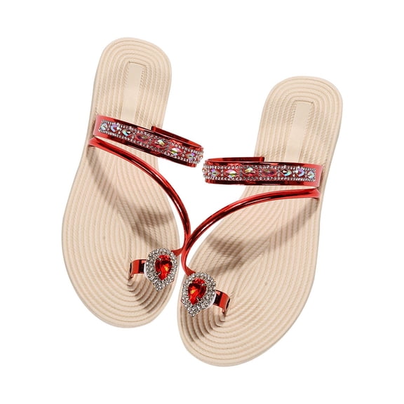 Anuirheih Women's Strappy Slide Sandals Rhinestone Open Toe Flat Sandals Slip On Toe Ring Slide Casual Summer Beach Sandals(Red)