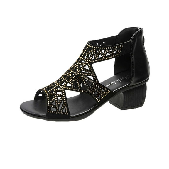 Anuirheih Women's Summer Fashion Fish Mouth Rhinestone Hollow Out Sandals Back Zipper Middle Heels Sandals Sandals Women (Gold)