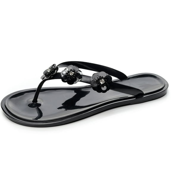 Anuirheih Women's Summer Jeweled Rhinestone T-Strap Flat Sandals Beach Flip Flop Shoes Sandals Women (Black)