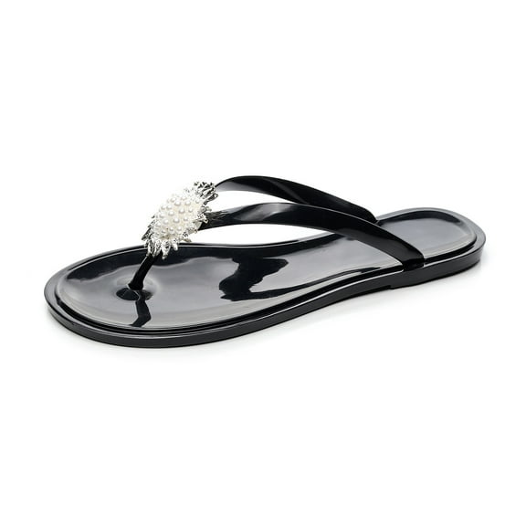 Anuirheih Women's Summer Jeweled Rhinestone T-Strap Flat Sandals Beach Flip Flop Shoes Sandals Women (Black)