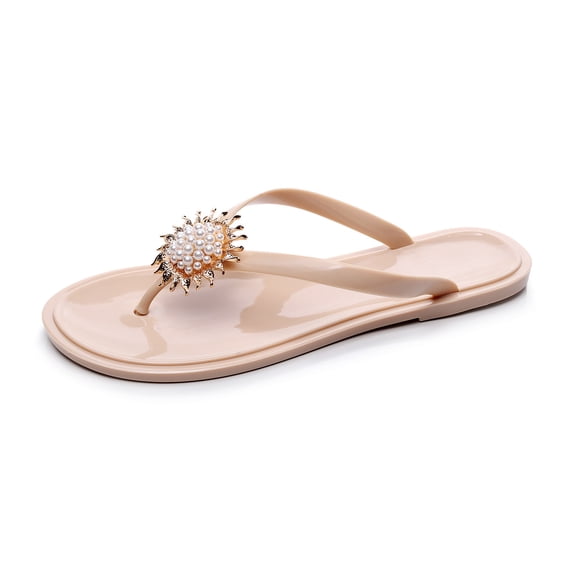Anuirheih Women's Summer Jeweled Rhinestone T-Strap Flat Sandals Beach Flip Flop Shoes Sandals Women (Khaki)