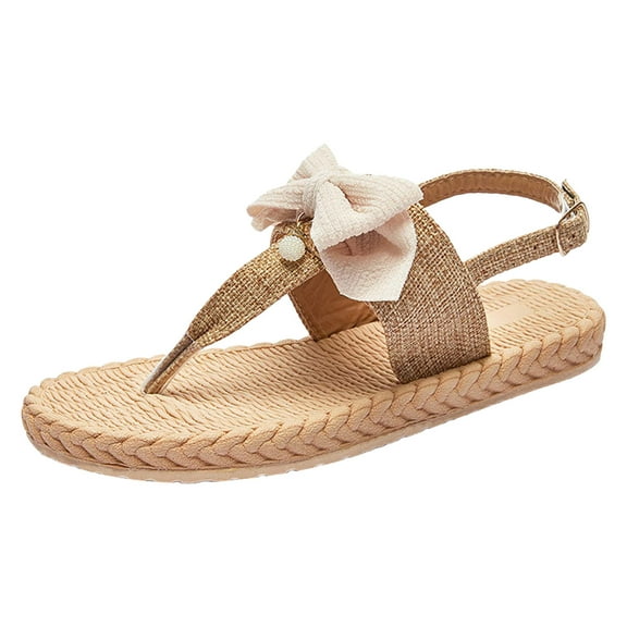 Anuirheih Women's Summer Rope Woven Beaded Flat Shoes Versatile Pinch Toe Sandals Sandals Women (Beige)