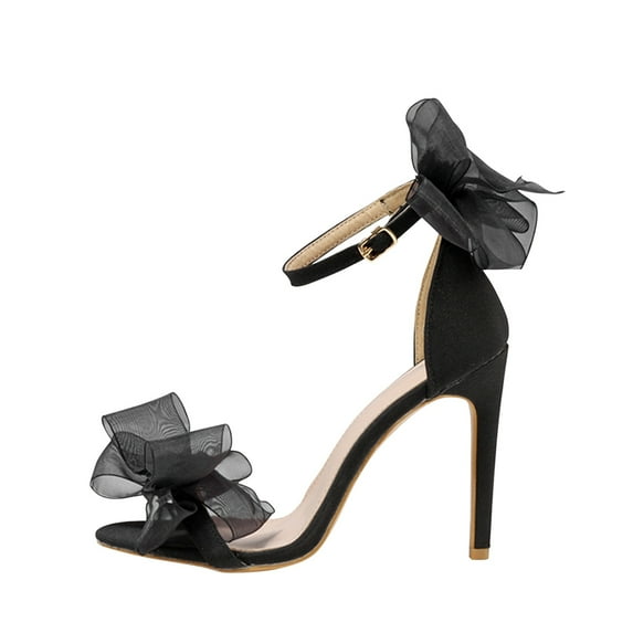 Anuirheih Women's Wedding Shoes Summer Elegant Lace Bow Stilettos Heels Exquisite Casual Strap Sandals Sandals Women (Black)