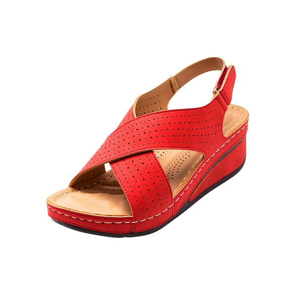 Anuirheih Women's Wedge Heels Sandals, Leather Open Toe Buckle Ankle Strap Summer Thick Soled Shoes, Gifts for Women Wife Girlfriend Mom(Red)