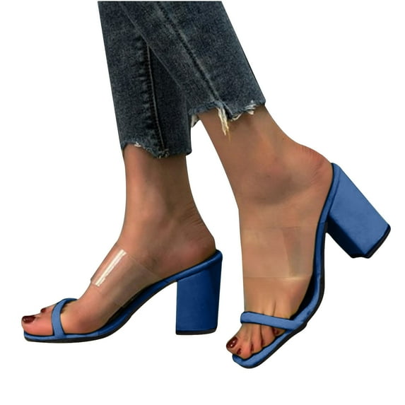 Anuirheih Womens Clear Heels Sandals Transparent Heel Slippers Backless Open Toe Slip on Heeled Mules(Blue)