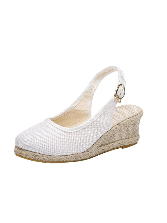 Anuirheih Womens Closed Toe Wedges Shoes Slingback Mid Heel Canvas Dress Sandals(White）