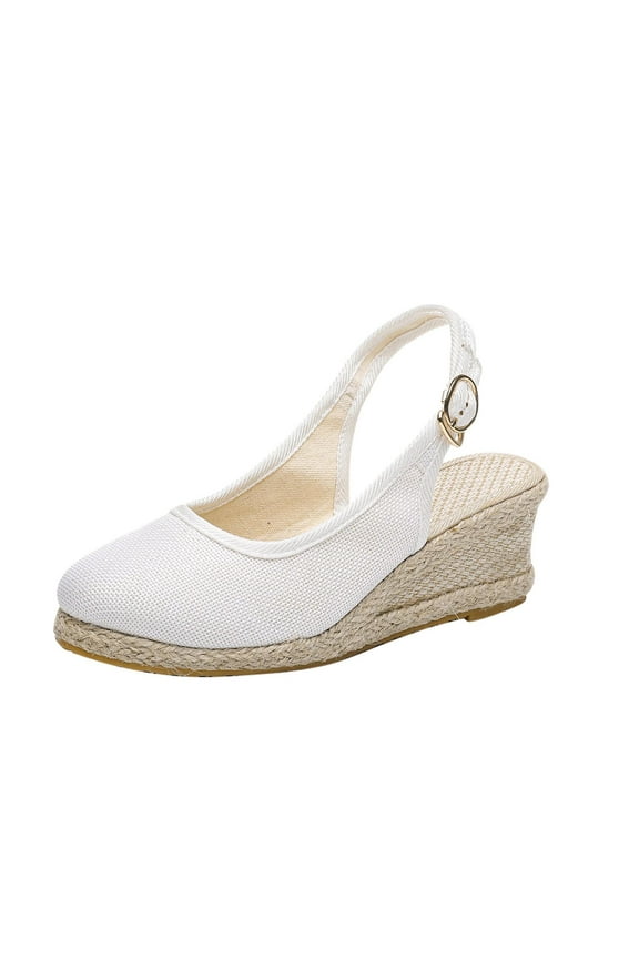 Anuirheih Womens Closed Toe Wedges Shoes Slingback Mid Heel Canvas Dress Sandals(White)