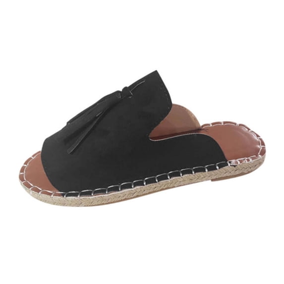 Anuirheih Womens Flat Sandals Tassel Round Open Toe Slip On Slides Slippers for Summer(Black)