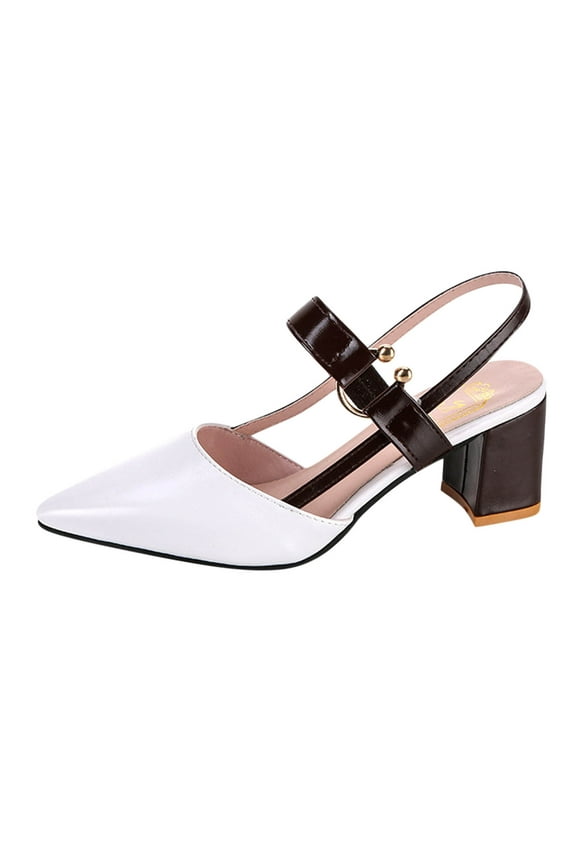 Anuirheih Womens Heels Sandals, Pointed Closed Toe Thick Mid Heel Casual Sandals Ankle Buckle Strap Women Dress Shoes for Women Outdoor(White)