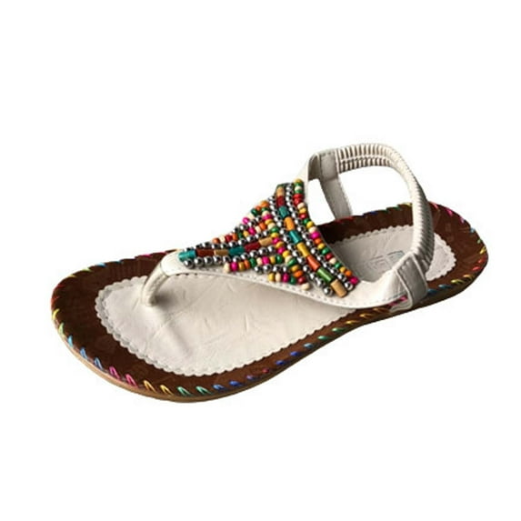 Anuirheih Womens Sandals Flats Shoes, Comfortable Bohemian Beaded Dressy Summer Flat Casual Ankle Elastic Slip on Beach Sandals(Beige)