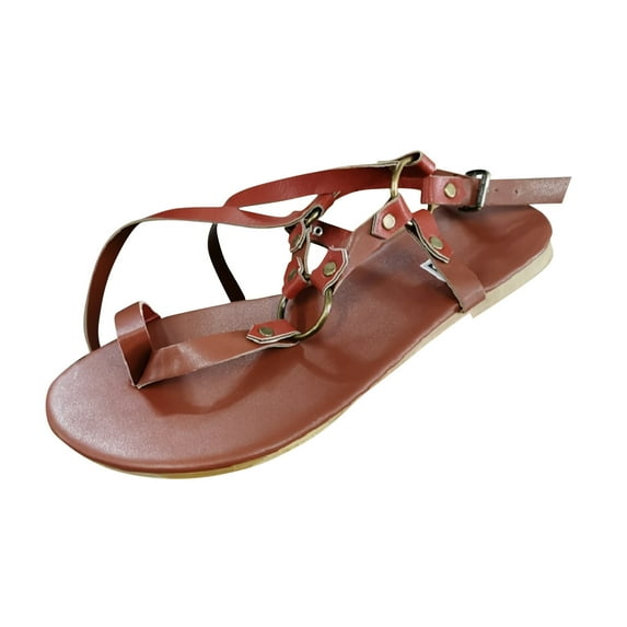 Anuirheih Womens Sandals Flats Shoes, Comfortable Bohemian Toe Ring Summer Flat Casual Ankle Elastic Slip on Beach Sandals(Brown)