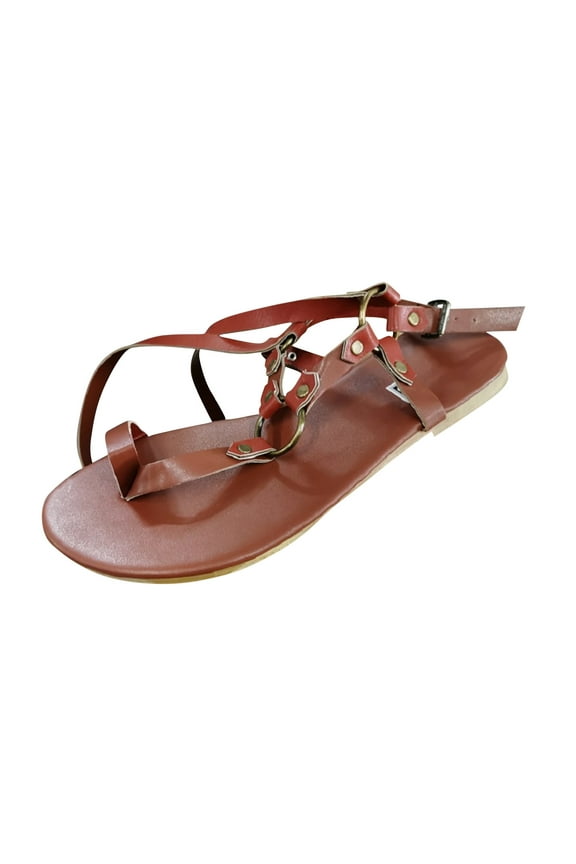 Anuirheih Womens Sandals Flats Shoes, Comfortable Bohemian Toe Ring Summer Flat Casual Ankle Elastic Slip on Beach Sandals(Brown)