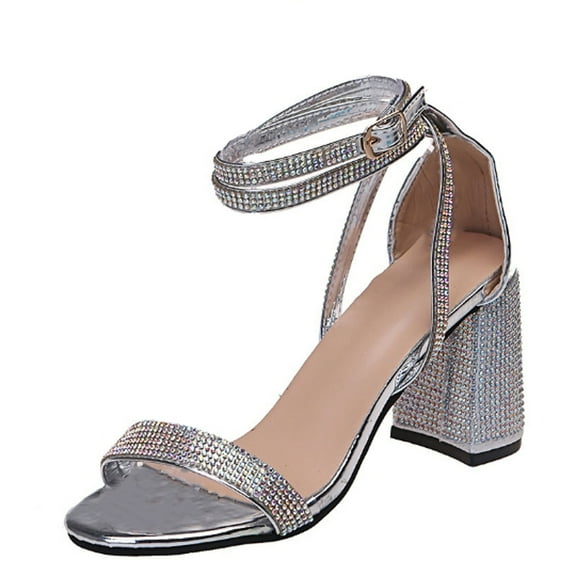 Anuirheih Womens Sandals, Open Toe Chunky High Heel Sandals Peep Toe Ankle Strap Buckle Shoes for Women Wedding Party(Silver)