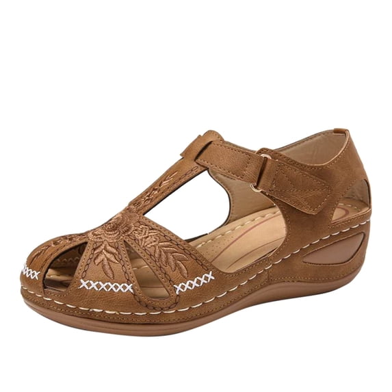 Anuirheih Womens Sandals Wedge Heel Shoes, Closed Toe Comfortable Ankle Strap Summer Embroidered Sandals Casual Outdoor Wedges(Brown)