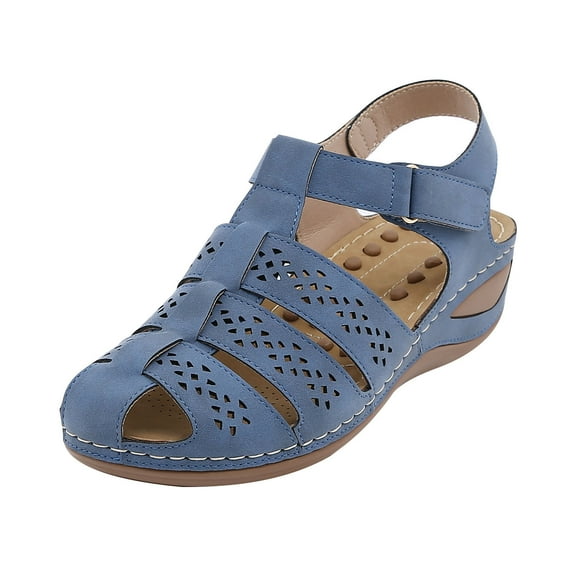 Anuirheih Womens Sandals Wedge Shoes, Comfortable Ankle Strap Closed Toe Summer Platform Sandals with Arch Support Casual Outdoor Wedges(Blue)
