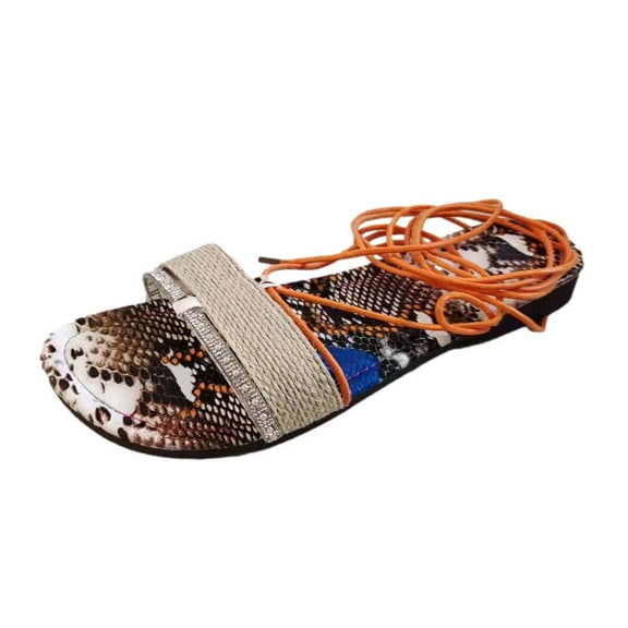 Anuirheih Womens Summer Fashion Colour Sandals Lace-Up Rhinestone Flat Casual Sandals Sandals Women (Orange)