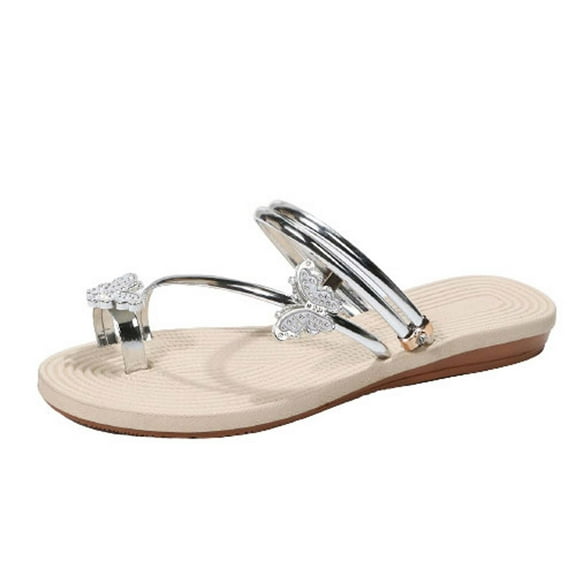 Anuirheih Womens Summer Slippers Rhinestone & Decorate Toe Ring Design Sandals Sandals Women (Silver)