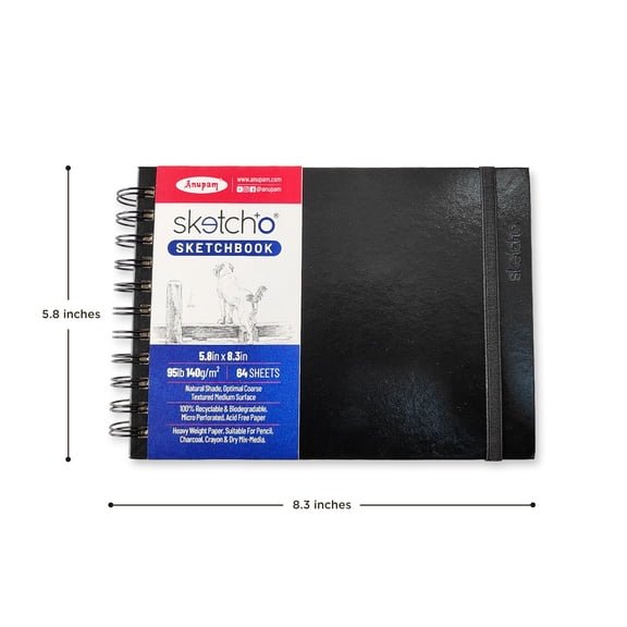 Anupam Sketcho Sketchbook, A5 Landscape, 128 Pages, 140 GSM Cartridge Paper, Hardbound Wire-O Binding, Elastic Closure