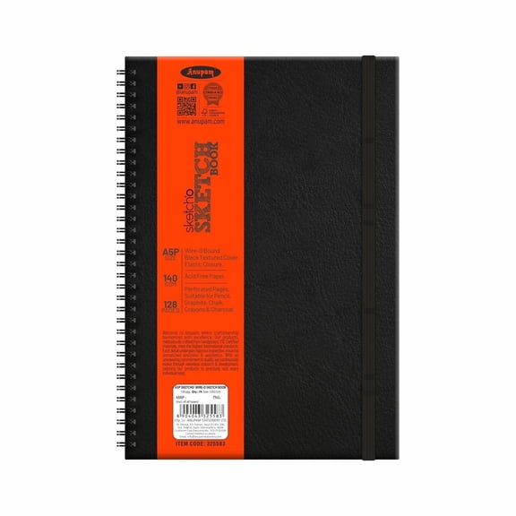 Anupam Sketcho Sketchbook, A5 Portrait, 128 Pages, 140 GSM Cartridge Paper, Hardbound Wire-O Binding, Elastic Closure
