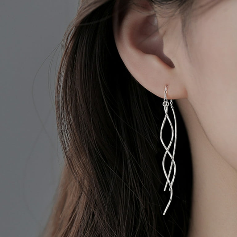 Lapis Lazuli Threader Earrings Long Wavy Sterling Silver